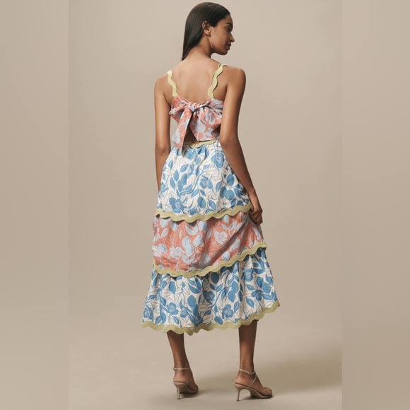 Farm Rio x Anthropologie Linen Blend Tiered Rickrack Midi Dress Sz S NWT - Picture 2 of 7